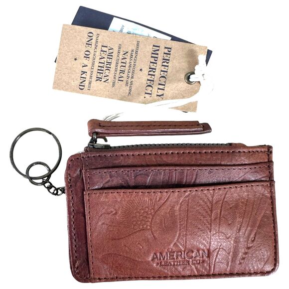 American Leather Co. Portland Etched Tooled Floral Leather Card Wallet NEW - Picture 1 of 4